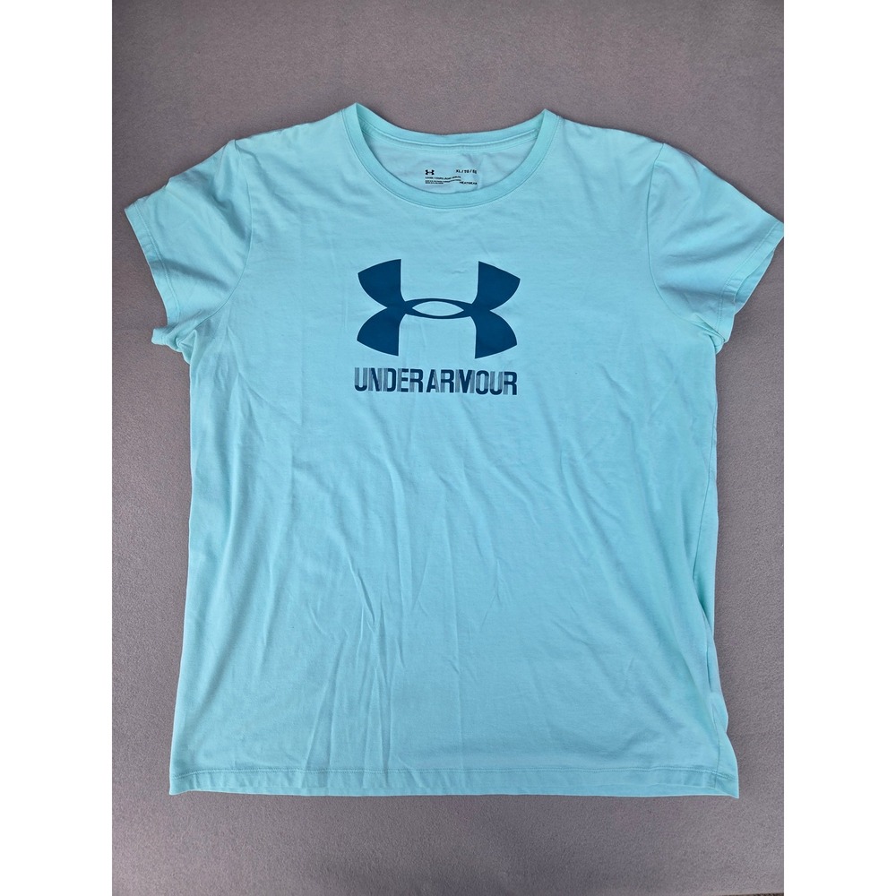 Under Armour Womens XL HeatGear Loose Fit T-Shirt Light Blue Logo Graphic Tee